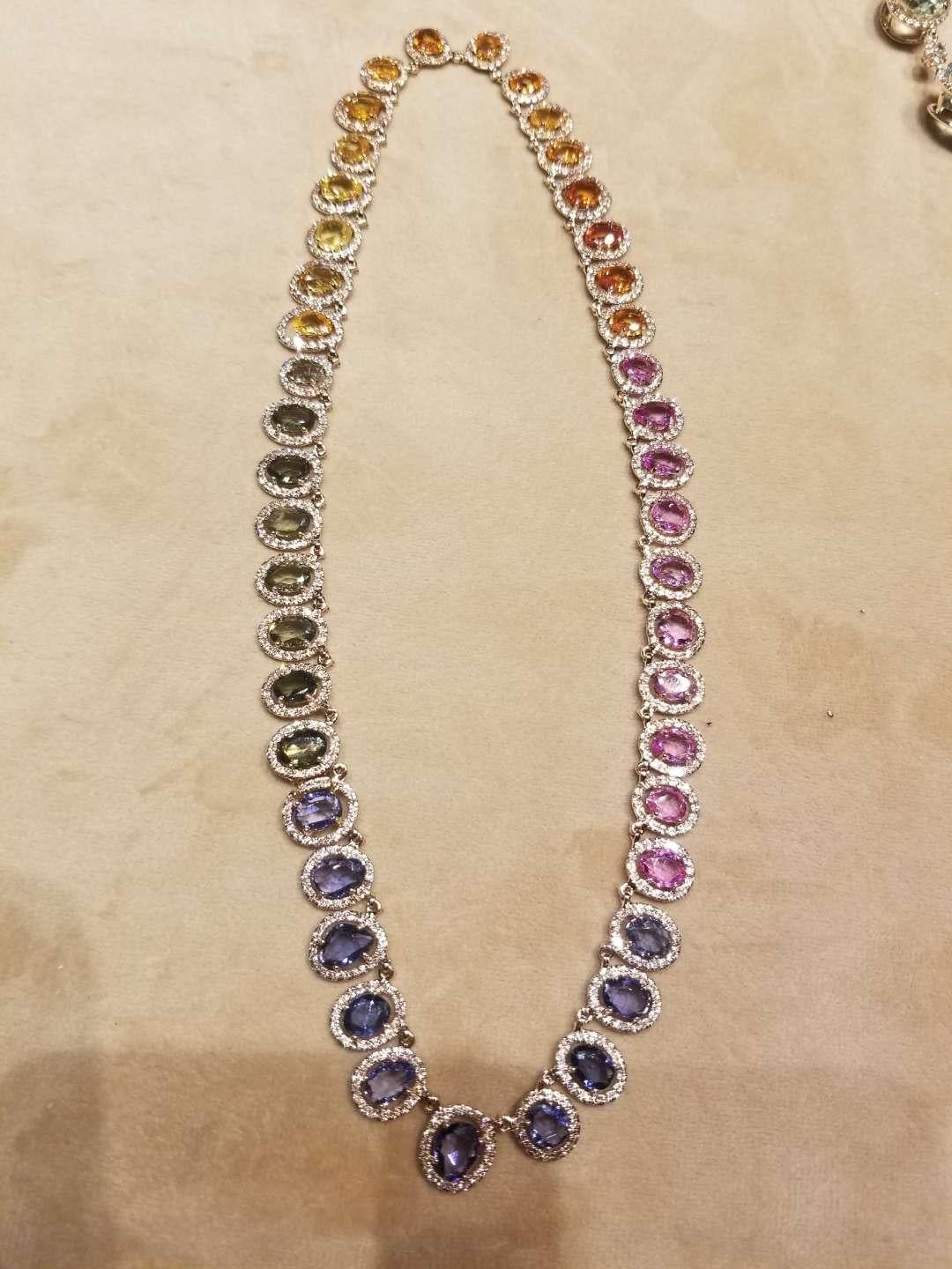 Rose Cut Set in 18 Karat Gold, Natural, Multi, Sapphire and Diamonds Chocker or Necklace