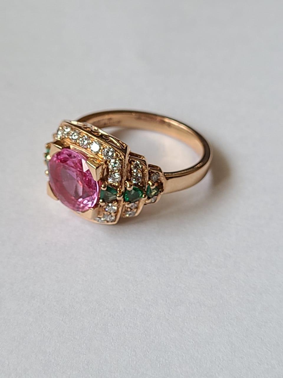 Artisan Set in 18K Gold, Natural Pink Sapphire, Emerald and Diamonds Cocktail Ring