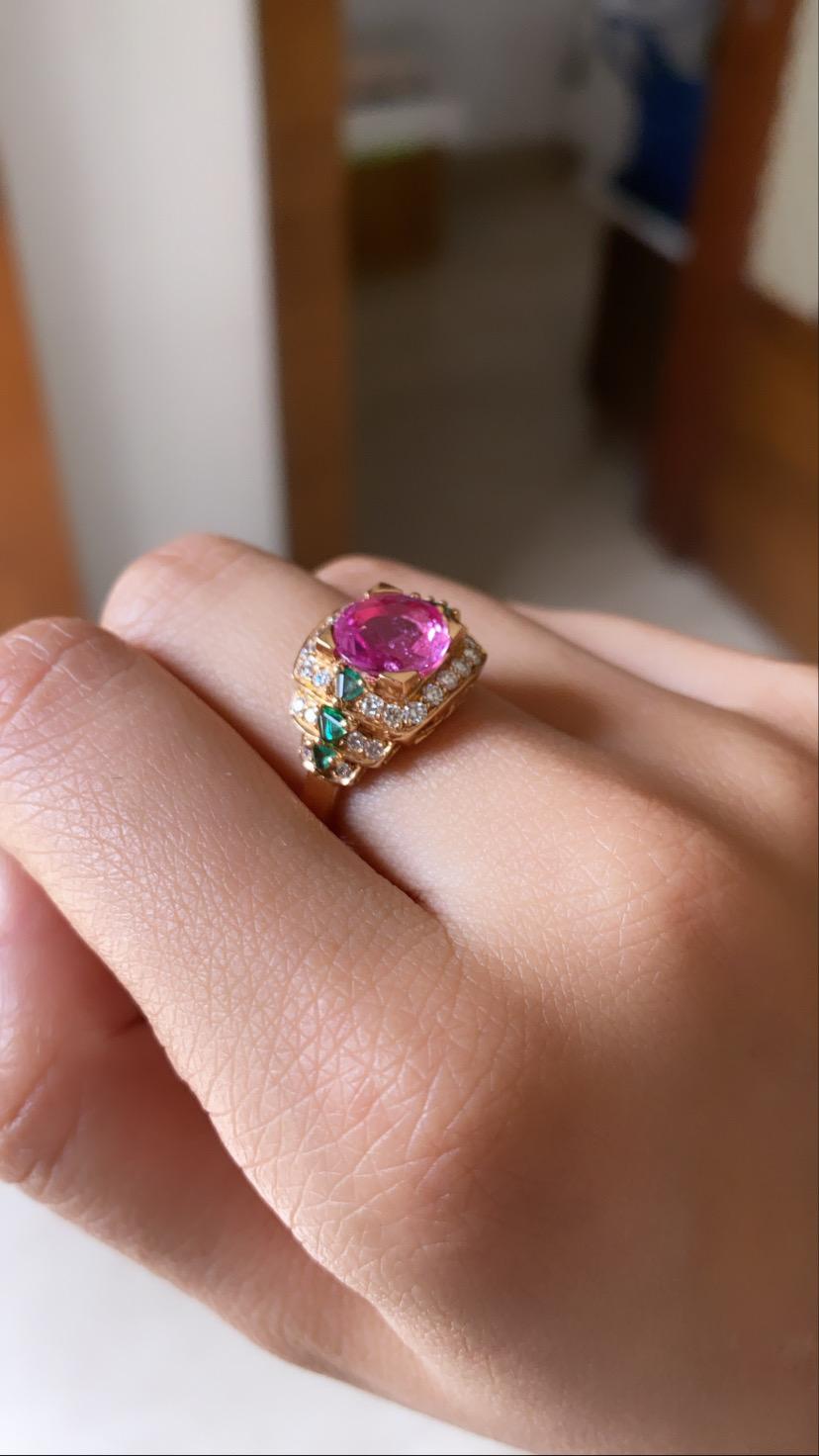 Set in 18K Gold, Natural Pink Sapphire, Emerald and Diamonds Cocktail Ring 1