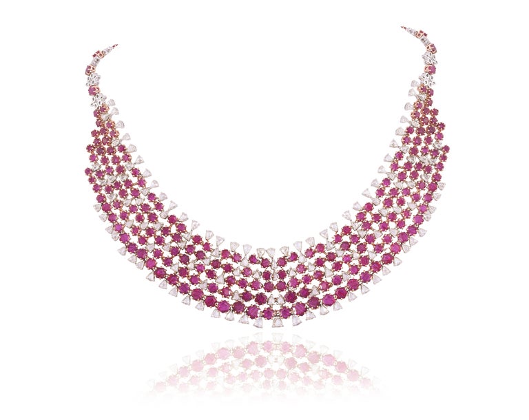 Natural Ruby and Rose Cut Diamonds Choker Necklace Set and Earrings In ...