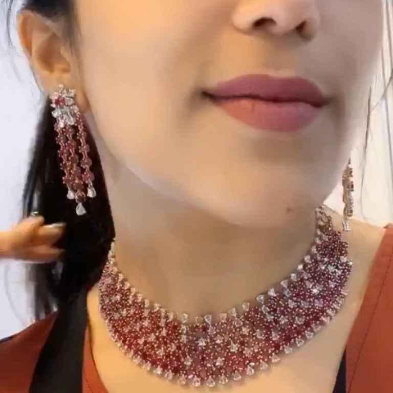 Natural Ruby and Rose Cut Diamonds Choker Necklace Set and Earrings In ...