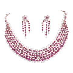 Natural Ruby & Rose Cut Diamonds Choker Necklace Set & Earrings In 18 Karat Gold