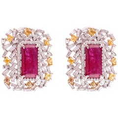 Set in 18k Gold, Natural Ruby, Yellow and White Baguette Diamonds Stud Earrings