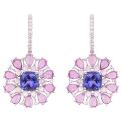 Set in 18K Gold, Natural Tanzanites, Pink Sapphires 
Diamonds Dangle Earrings