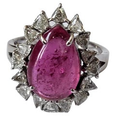 Set in 18K Gold, Natural Tourmaline Cabochon & Diamonds Engagement/Cocktail Ring
