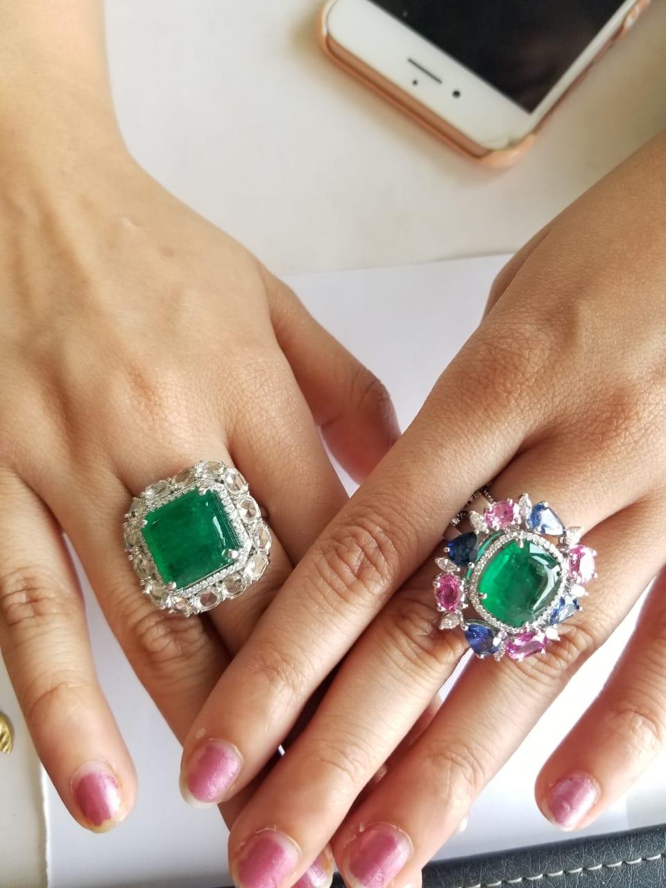 Set in 18 Karat Gold Natural Zambian Emerald and Rose Cut Diamonds Cocktail Ring In New Condition In Hong Kong, HK