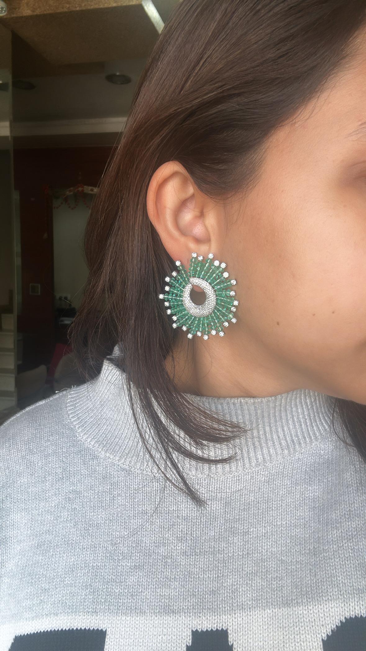 Set in 18K Gold, natural Zambian Emerald Beads & Diamonds Stud Hoop Earrings For Sale 1