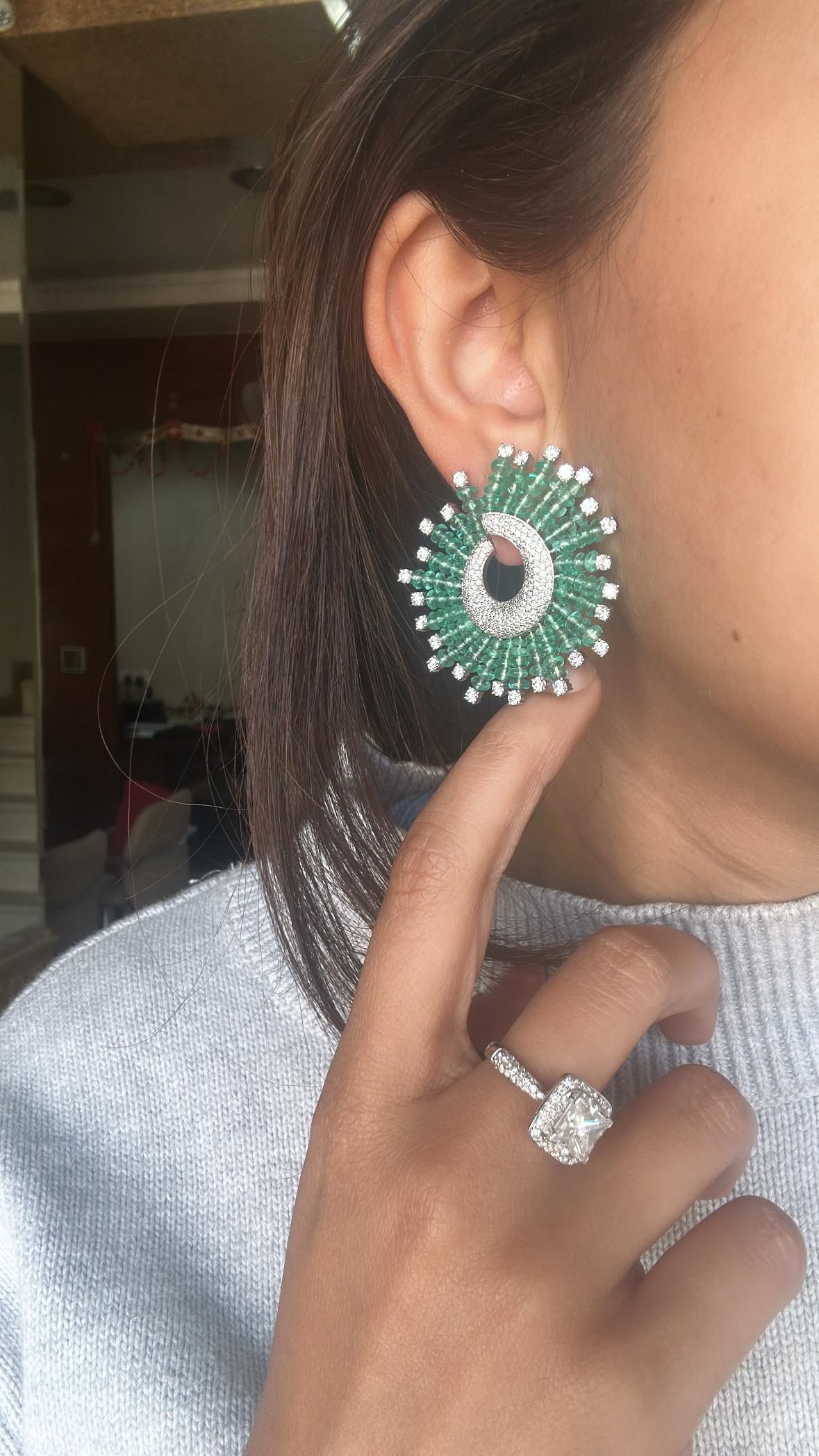 Set in 18K Gold, natural Zambian Emerald Beads & Diamonds Stud Hoop Earrings For Sale 2