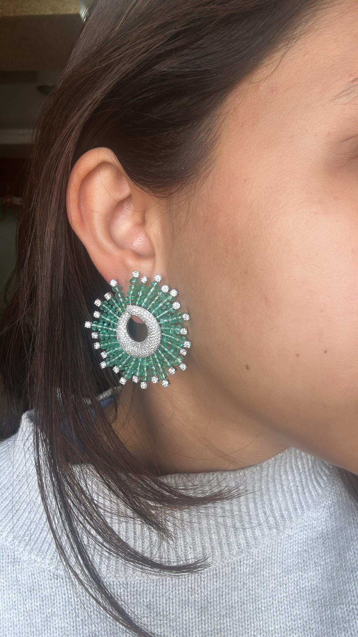 Set in 18K Gold, natural Zambian Emerald Beads & Diamonds Stud Hoop Earrings For Sale 3