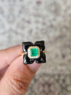 Set in 18K Gold, natural Zambian Emerald, Black Onyx & Diamonds Cocktail Ring