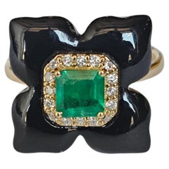 Set in 18K Gold, natural Zambian Emerald, Black Onyx 
Diamonds Cocktail Ring