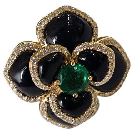 Bague de fiançailles en or 18 carats, émeraude naturelle de Zambie, onyx noir et diamants
