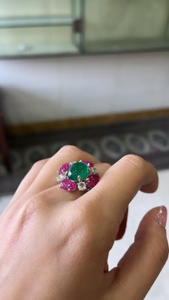 Set in 18k Gold, Natural Zambian Emerald Cabochon & Carved Ruby Cocktail Ring