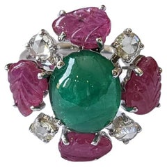 Set in 18k Gold, Natural Zambian Emerald Cabochon & Carved Ruby Cocktail Ring