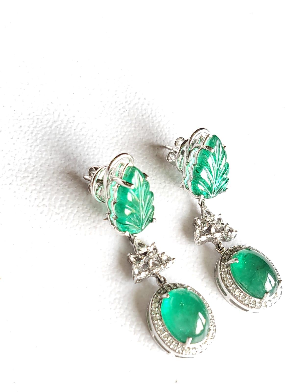 Modern Set in 18K Gold, Natural Zambian Emerald Cabochons & Diamonds Dangle Earrings