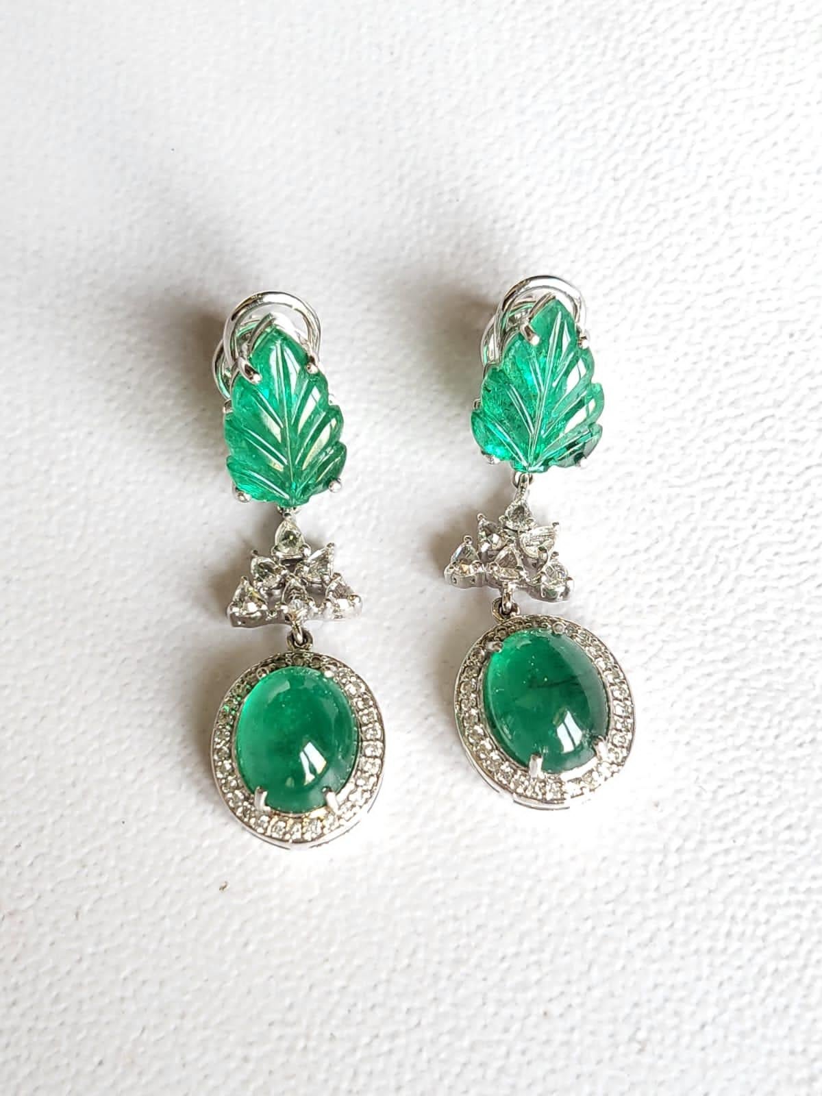 Set in 18K Gold, Natural Zambian Emerald Cabochons & Diamonds Dangle Earrings 1