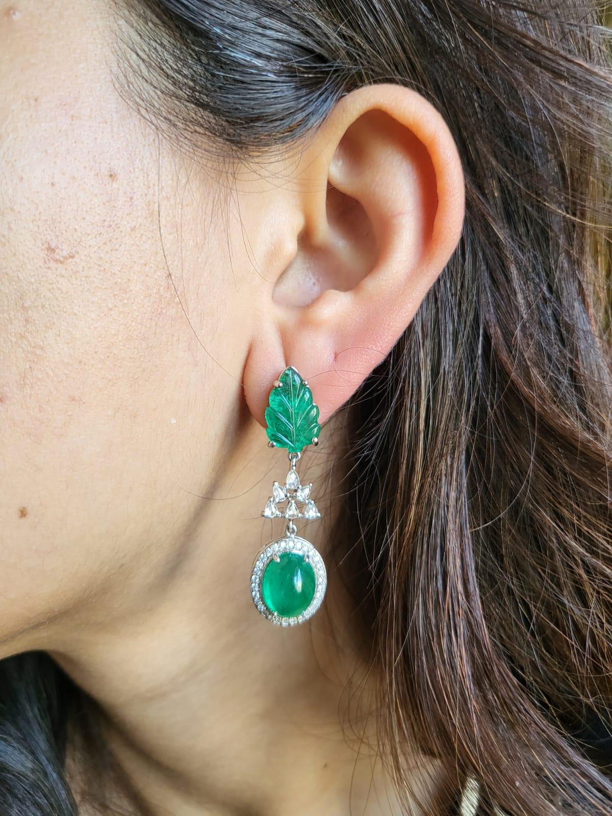 Set in 18K Gold, Natural Zambian Emerald Cabochons & Diamonds Dangle Earrings 2