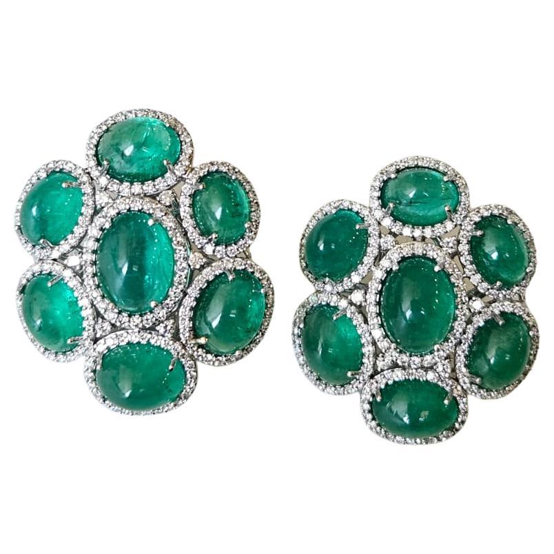 Set in 18K Gold, natural Zambian Emerald Cabochons & Diamonds Stud Earrings