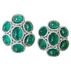 Set in 18K Gold, natural Zambian Emerald Cabochons & Diamonds Stud Earrings