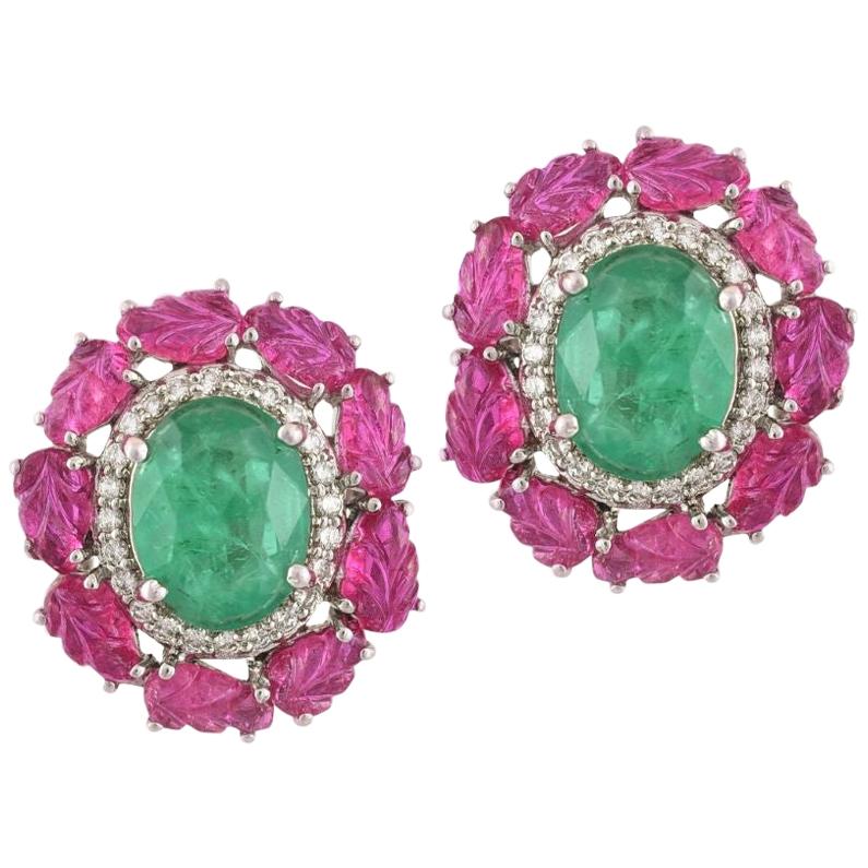18k Gold Natural Zambian Emerald, Carved Ruby and Diamonds Stud Earrings