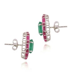 18k Gold Natural Zambian Emerald, Carved Ruby and Diamonds Stud Earrings