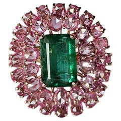 Set in 18K Gold, natural Zambian Emerald & Ceylon Pink Sapphires Cocktail Ring