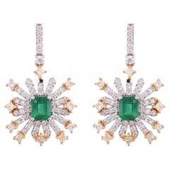 Set in 18K Gold, natural Zambian Emerald & Diamonds Chandelier/Dangle Earrings