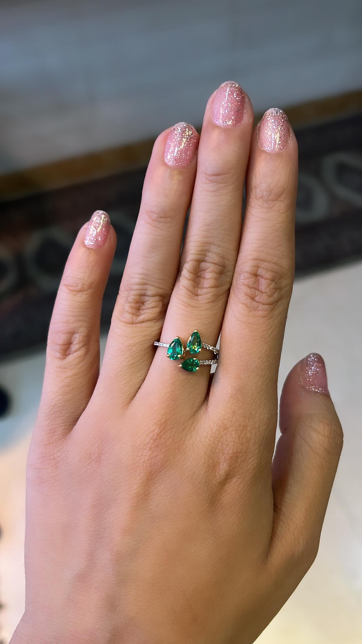 Modern Set in 18K Gold, Natural Zambian Emerald & Diamonds Cocktail /Three - Stone Ring For Sale