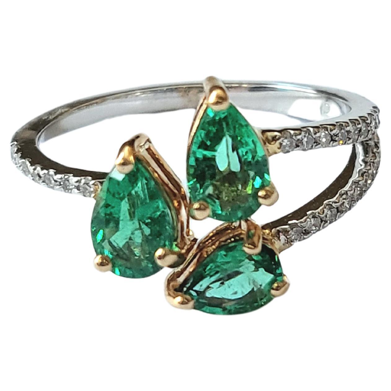 Set in 18K Gold, Natural Zambian Emerald & Diamonds Cocktail /Three - Stone Ring For Sale