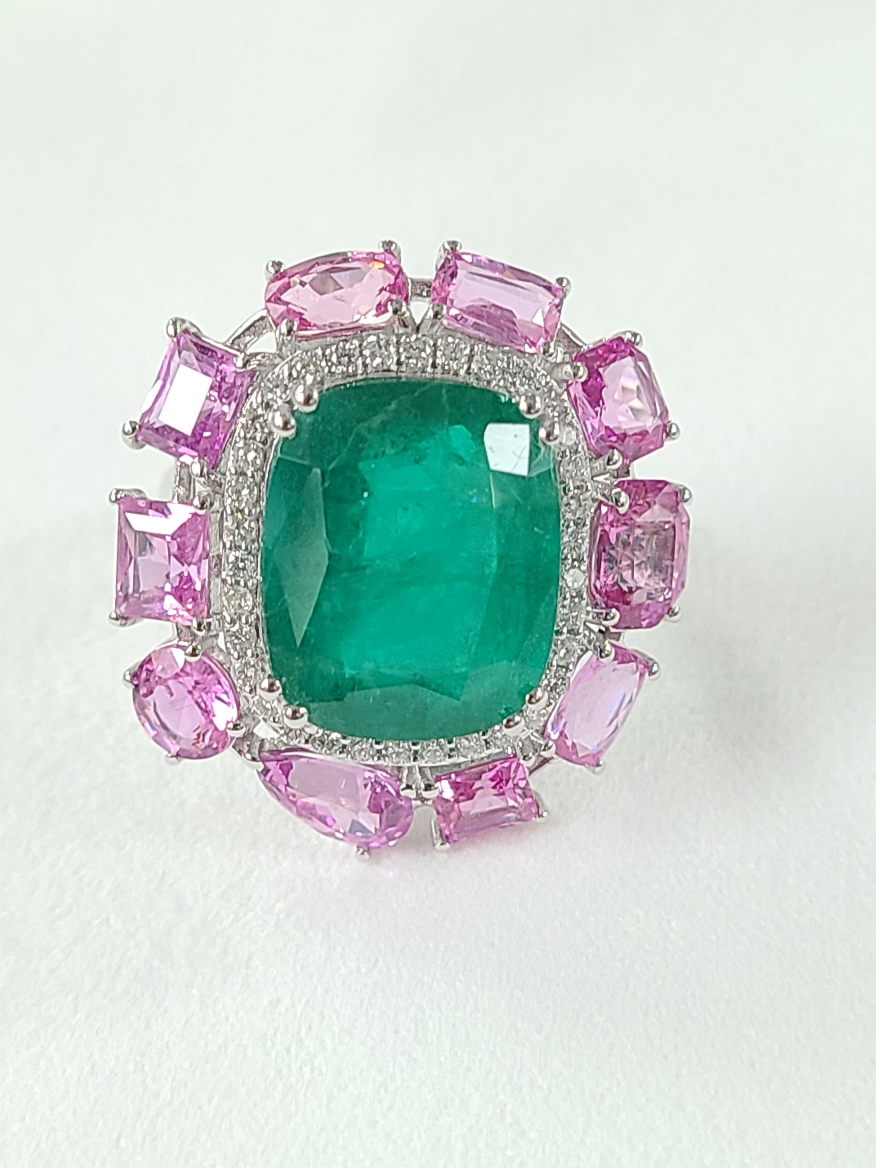 Modern 18k Gold Natural Zambian Emerald Pink Sapphire & Diamond Cocktail Ring