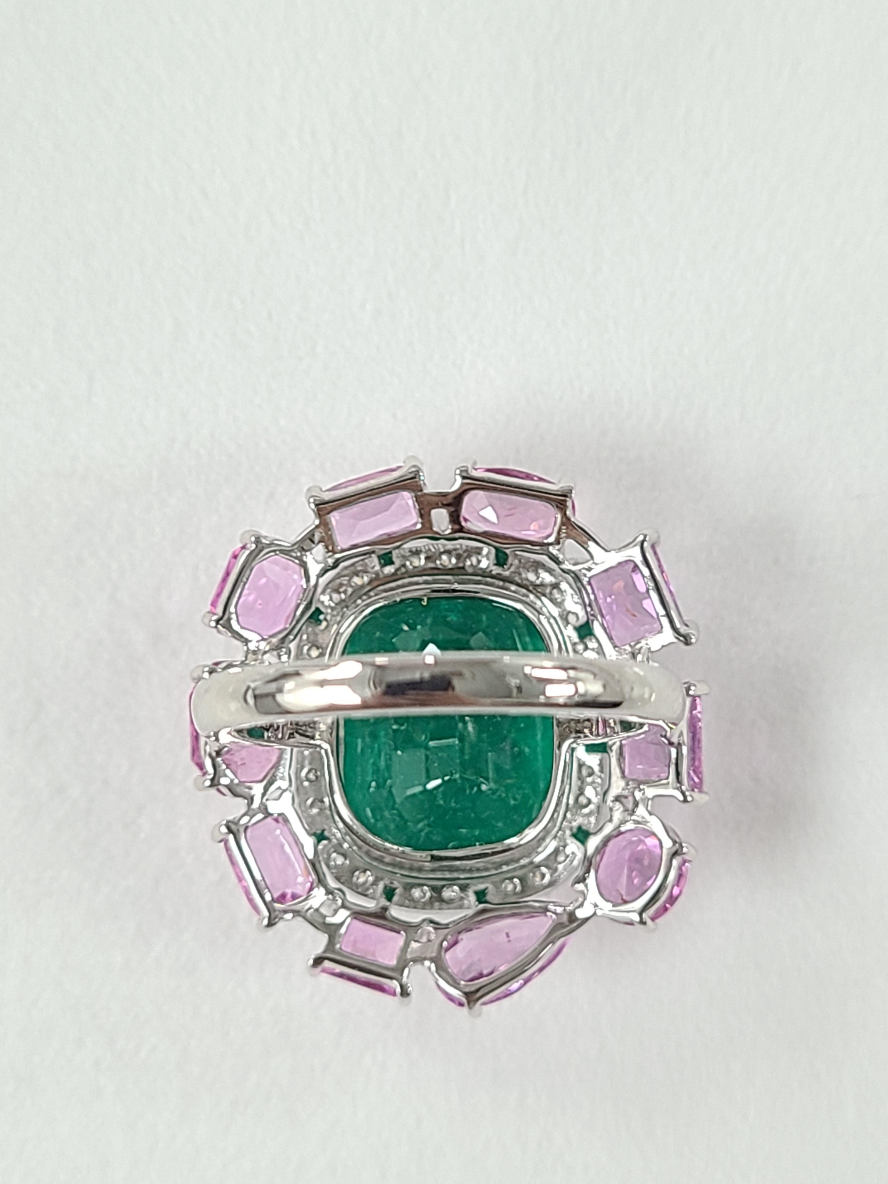 Round Cut 18k Gold Natural Zambian Emerald Pink Sapphire & Diamond Cocktail Ring