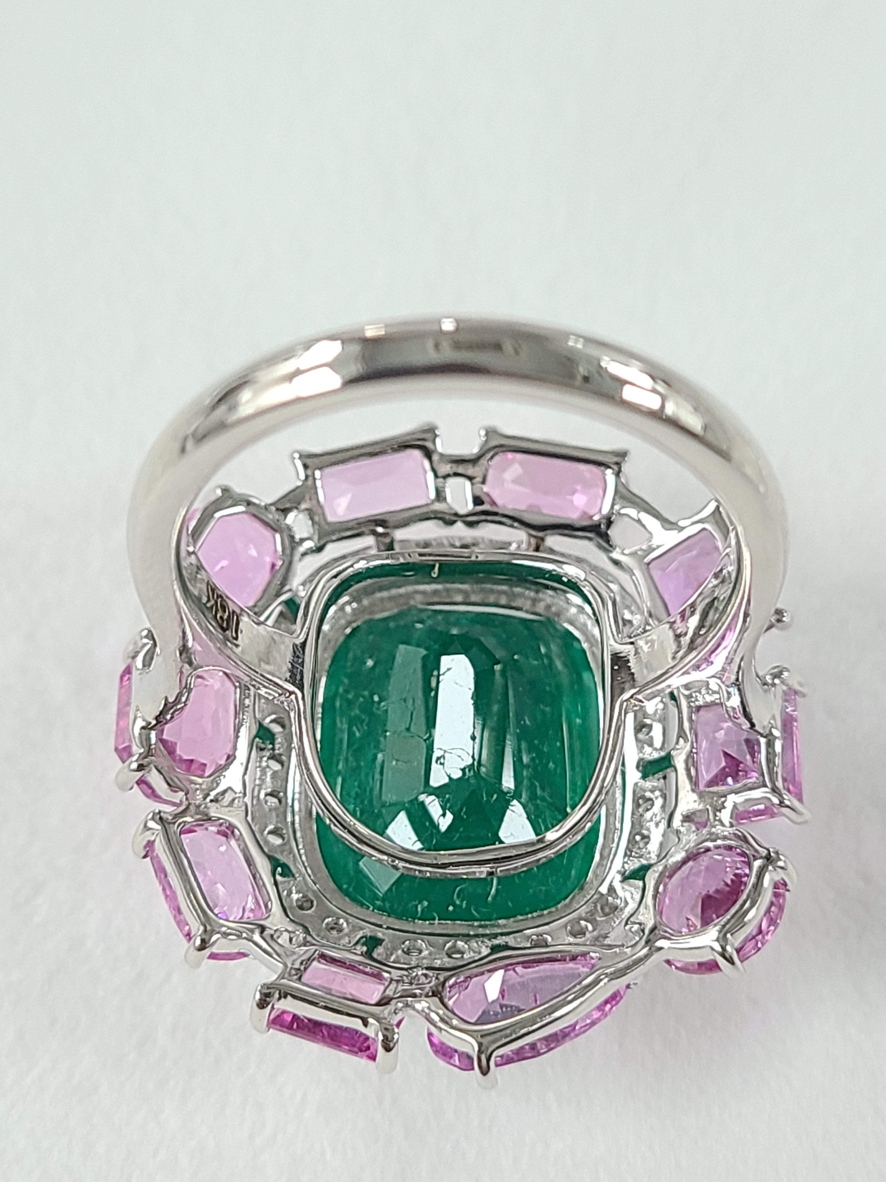 18k Gold Natural Zambian Emerald Pink Sapphire & Diamond Cocktail Ring In New Condition In Hong Kong, HK