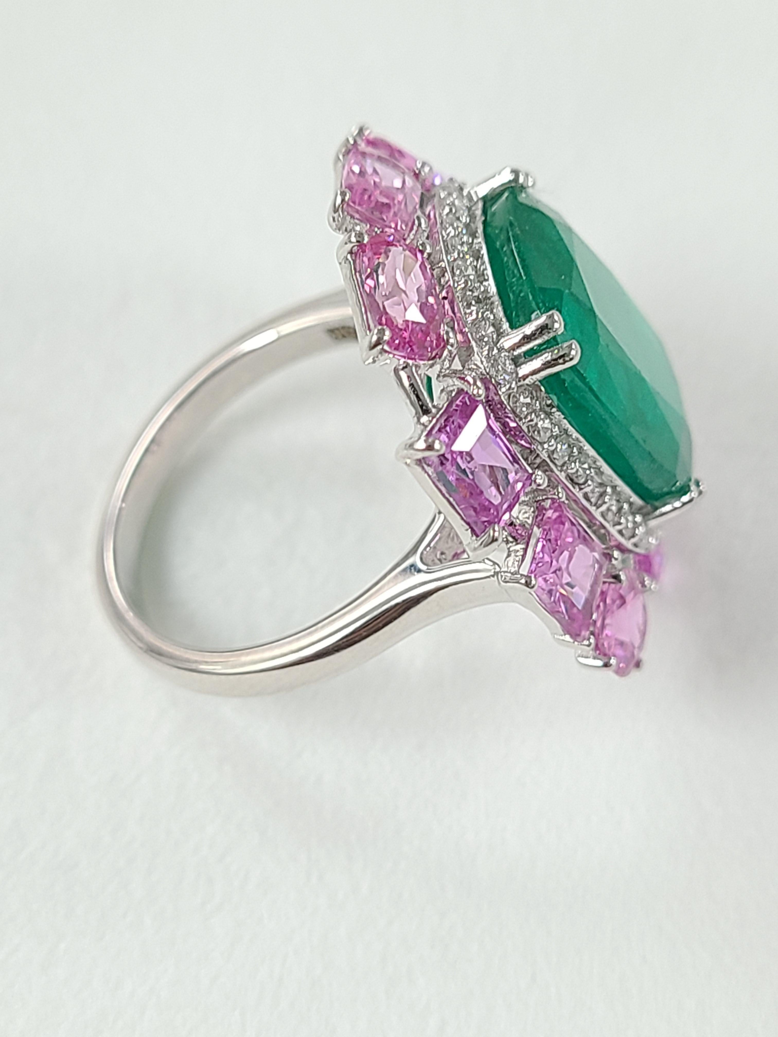 Women's or Men's 18k Gold Natural Zambian Emerald Pink Sapphire & Diamond Cocktail Ring