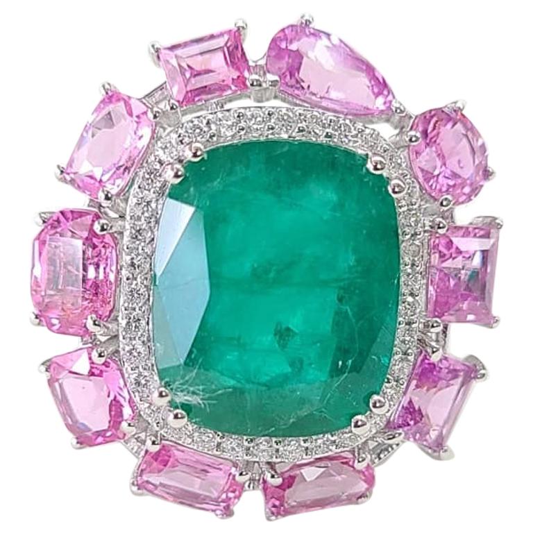 18k Gold Natural Zambian Emerald Pink Sapphire & Diamond Cocktail Ring