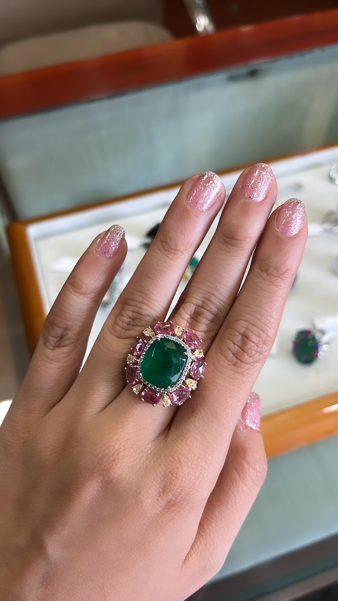 Modern Set in 18K Gold, Natural Zambian Emerald, Pink Sapphire & Diamonds Cocktail Ring