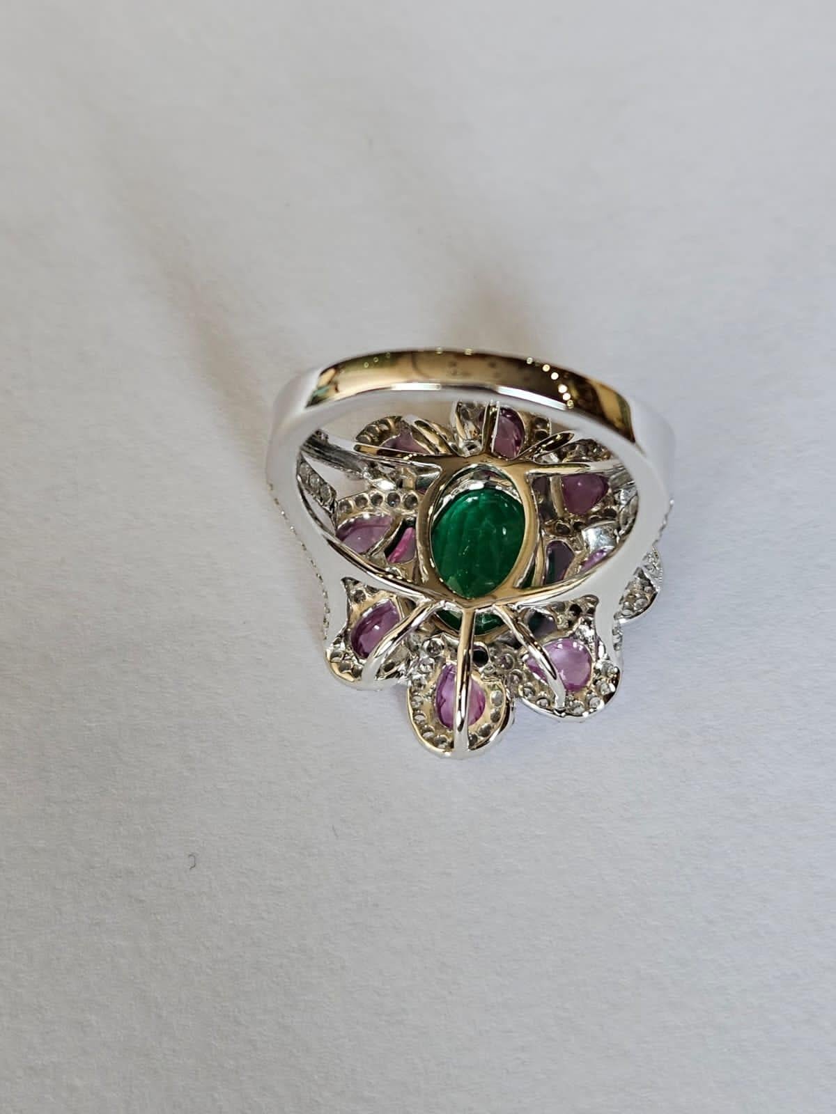 Modern Set in 18K Gold, natural Zambian Emerald, Pink Sapphire & Diamonds Cocktail Ring