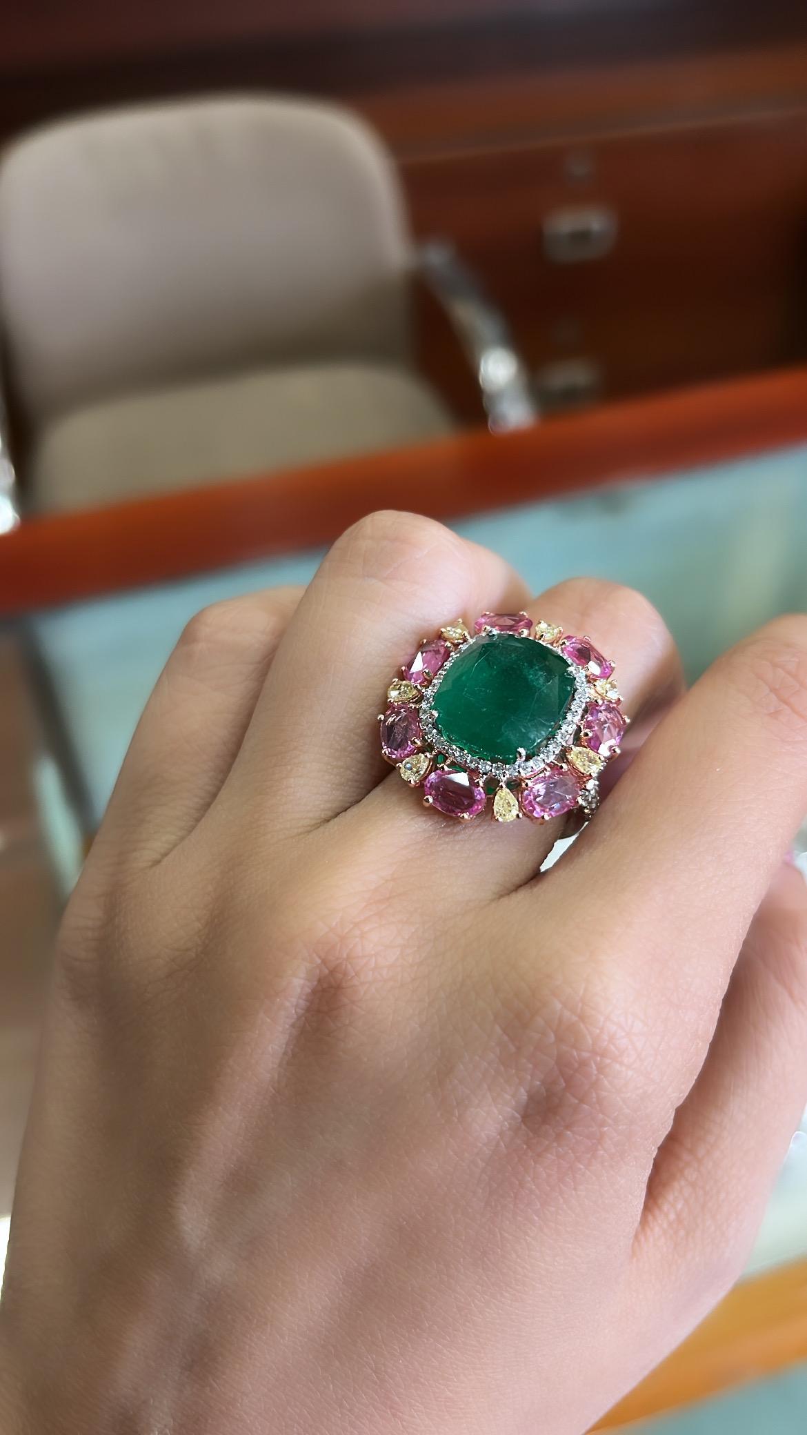 Emerald Cut Set in 18K Gold, Natural Zambian Emerald, Pink Sapphire & Diamonds Cocktail Ring
