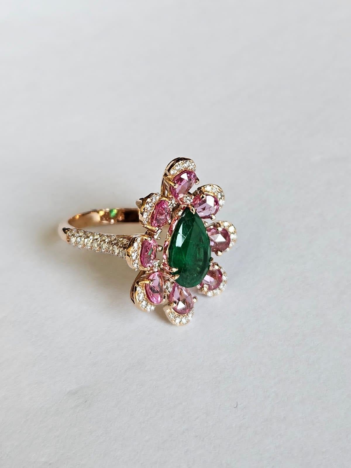 Pear Cut Set in 18K Gold, natural Zambian Emerald, Pink Sapphire & Diamonds Cocktail Ring
