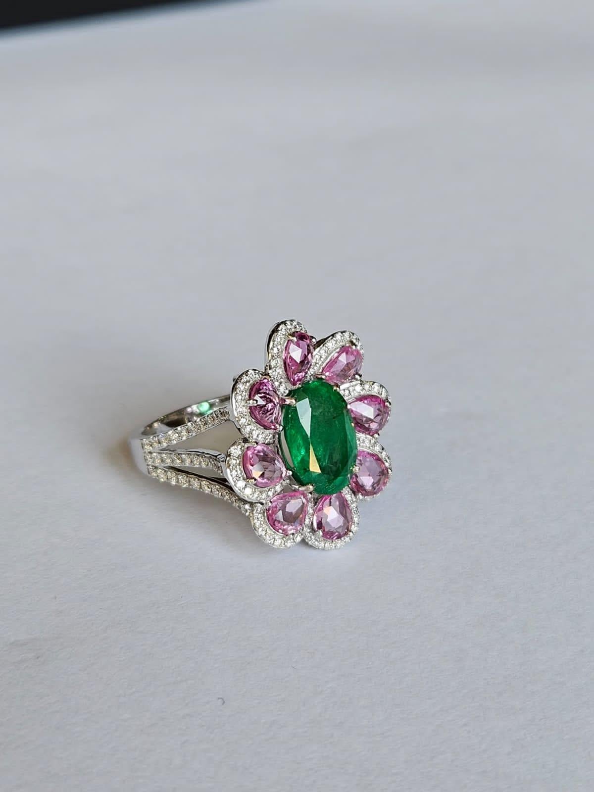 Oval Cut Set in 18K Gold, natural Zambian Emerald, Pink Sapphire & Diamonds Cocktail Ring