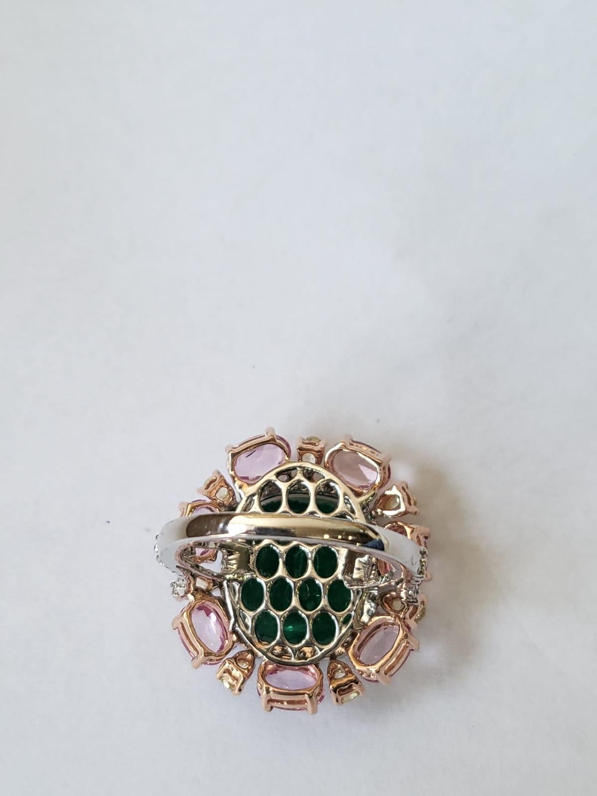 Women's or Men's Set in 18K Gold, Natural Zambian Emerald, Pink Sapphire & Diamonds Cocktail Ring