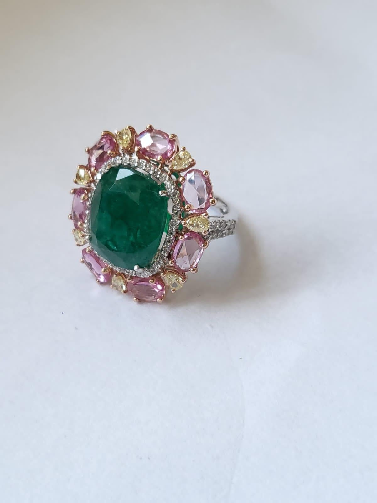 Set in 18K Gold, Natural Zambian Emerald, Pink Sapphire & Diamonds Cocktail Ring 1