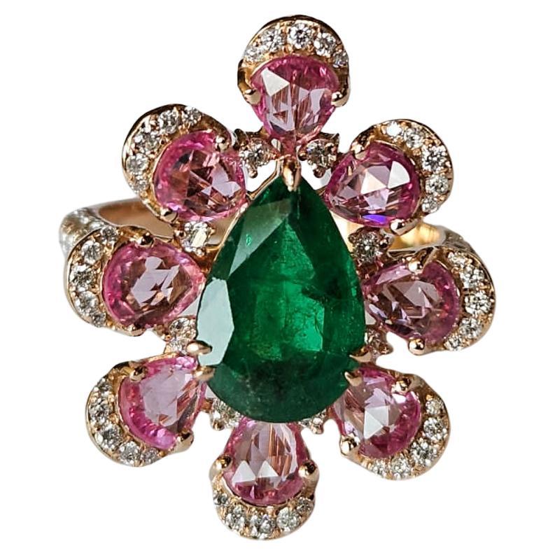 Set in 18K Gold, natural Zambian Emerald, Pink Sapphire & Diamonds Cocktail Ring