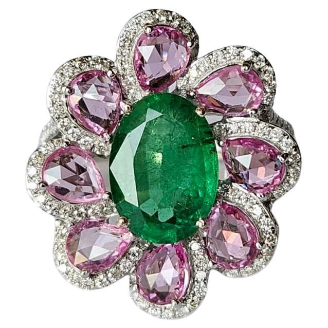 Set in 18K Gold, natural Zambian Emerald, Pink Sapphire & Diamonds Cocktail Ring