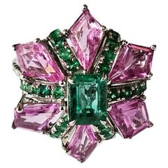 Set in 18K Gold, natural Zambian Emerald, Pink Sapphire & Diamonds Cocktail Ring