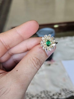Set in 18K Gold, natural Zambian Emerald & Rose Cut Diamonds Engagement Ring