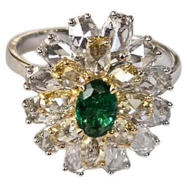 Set in 18K Gold, natural Zambian Emerald 
Rose Cut Diamonds Engagement Ring For Sale