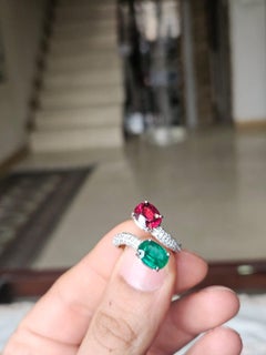 Set in 18K Gold, natural Zambian Emerald, Rubellite & Diamond Toi et Moi Ring