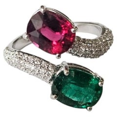 Set in 18K Gold, natural Zambian Emerald, Rubellite & Diamond Toi et Moi Ring
