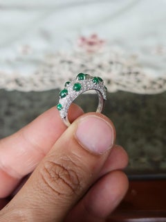 Set in 18K Gold, natural Zambian Emerald Sugarloaf & Diamond Band Ring