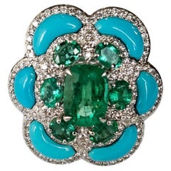 Set in 18K Gold, natural Zambian Emerald, Turquoise 
Diamonds Cocktail Ring